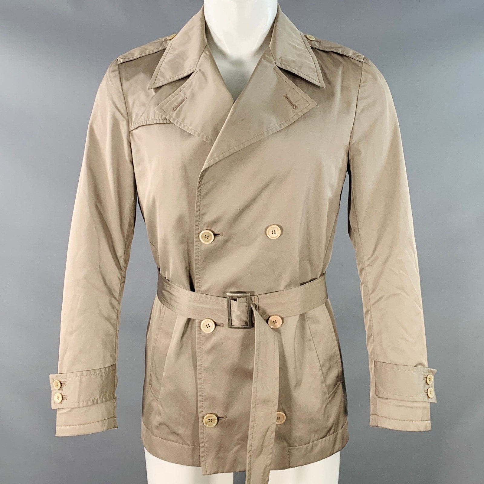 Daniele Alessandrini Size 38 Khaki Satin Double Breasted Belted Jacket
